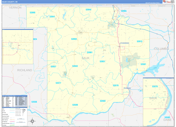 Sauk County, WI Wall Map Basic Style