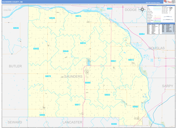 Saunders County, NE Zip Code Wall Map