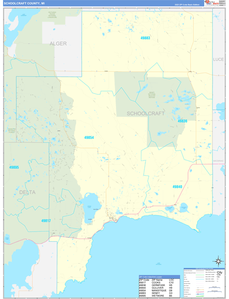 Schoolcraft County, MI Zip Code Wall Map