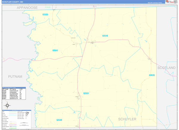Schuyler County, MO Zip Code Wall Map