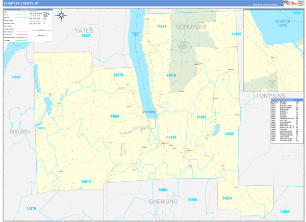 Schuyler County, NY Zip Code Wall Map