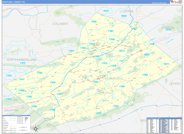 Schuylkill County Wall Map Basic Style