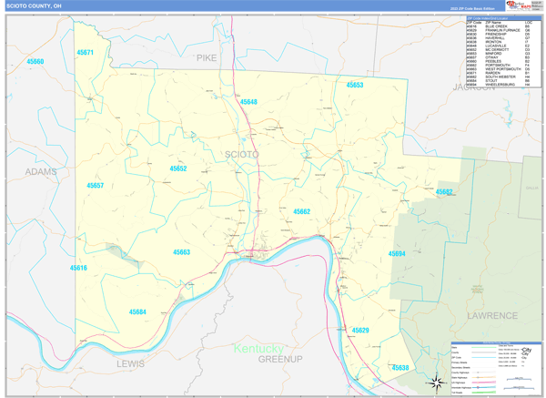 Scioto County, OH Zip Code Wall Map