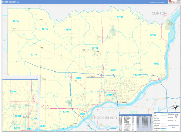 Scott County, IA Zip Code Wall Map