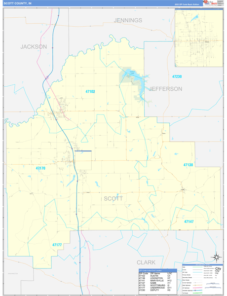Scott County, IN Zip Code Wall Map