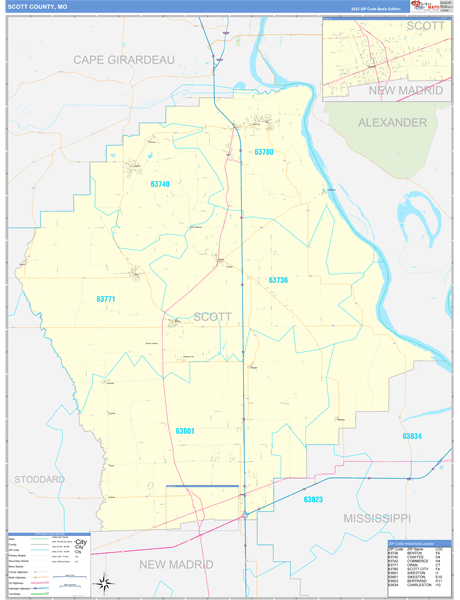 Scott County, MO Zip Code Wall Map