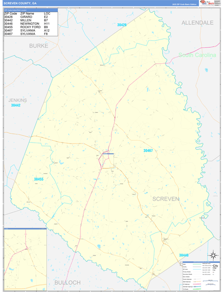 Screven County, GA Zip Code Wall Map