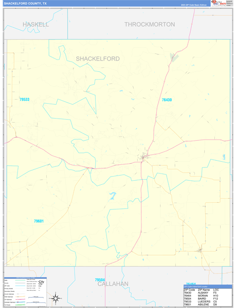 Shackelford County, TX Zip Code Wall Map