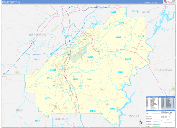 Shelby County, AL Zip Code Wall Map Basic Style by MarketMAPS