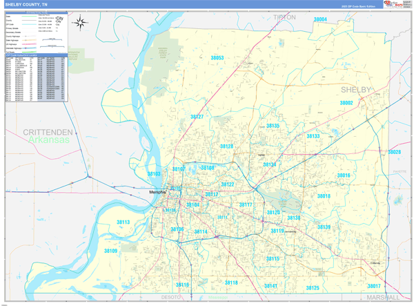 Shelby County, TN Zip Code Wall Map Basic Style by MarketMAPS - MapSales