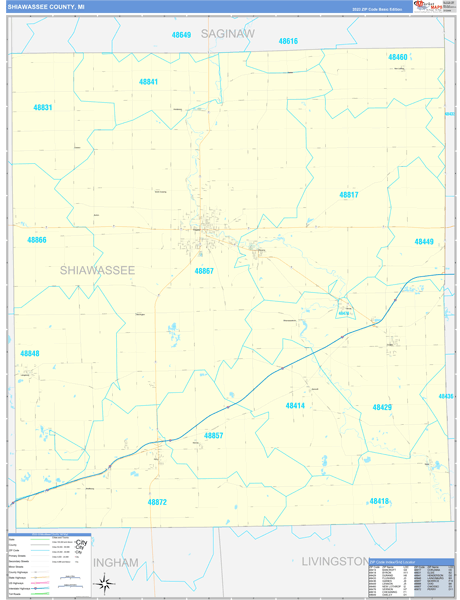 Shiawassee County, MI Zip Code Wall Map