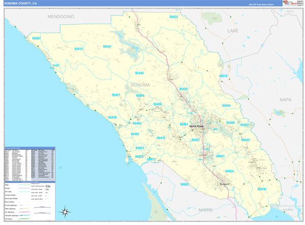 Sonoma County Zip Code Map Sonoma County, CA Zip Code Wall Map Basic Style by MarketMAPS