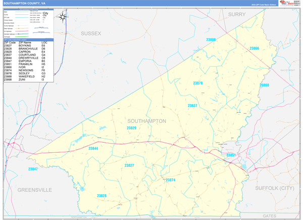 Southampton County, VA Zip Code Wall Map