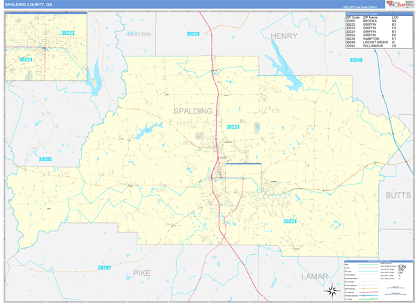 Spalding County, GA Zip Code Wall Map Basic Style by MarketMAPS - MapSales