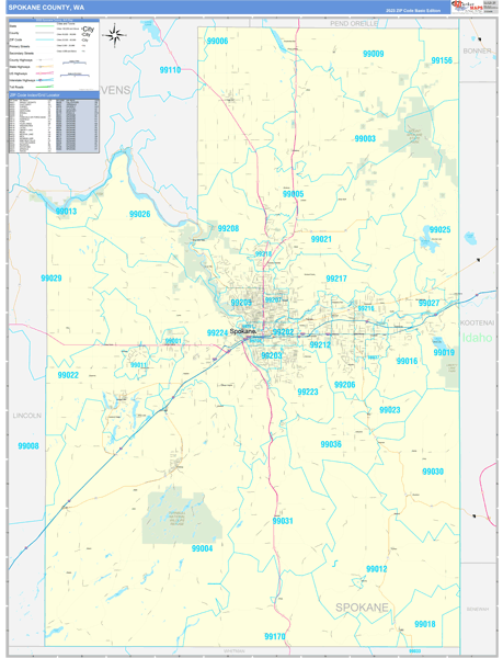 Spokane County, WA Wall Map Basic Style