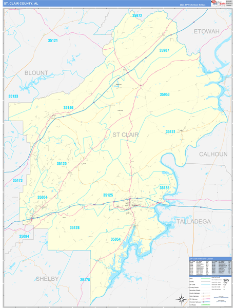 St. Clair County, AL Zip Code Wall Map Basic Style by MarketMAPS - MapSales