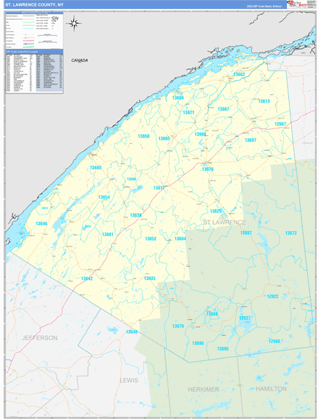 St. Lawrence County, NY Zip Code Wall Map Basic Style by MarketMAPS ...