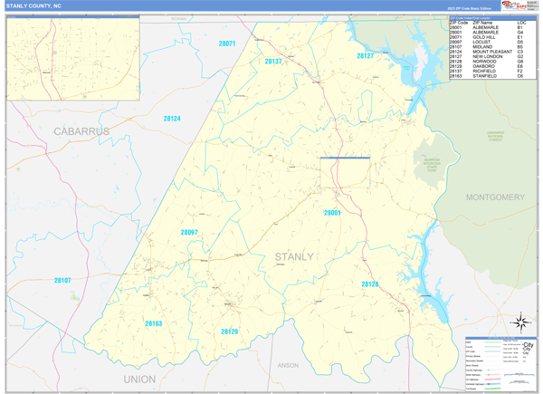 Stanly County, NC Zip Code Wall Map