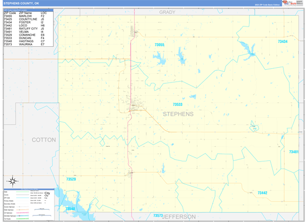 Stephens County, OK Zip Code Wall Map