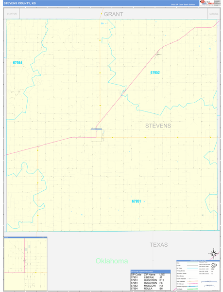 Stevens County, KS Wall Map Basic Style