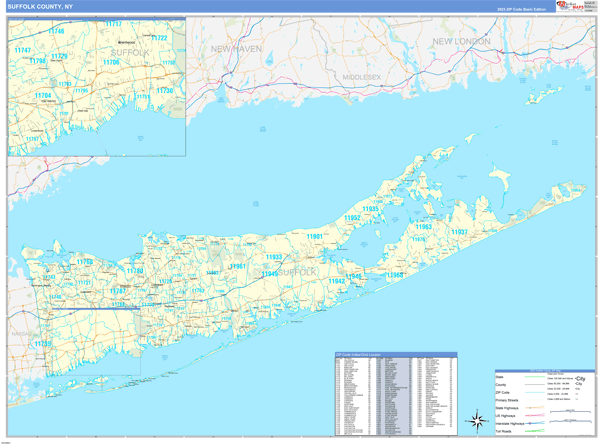 Suffolk County Zip Code Map Suffolk County, NY Zip Code Wall Map Basic Style by MarketMAPS