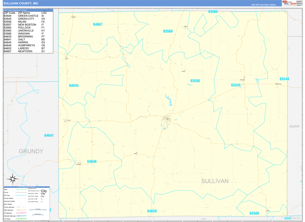 Sullivan County, MO Zip Code Wall Map
