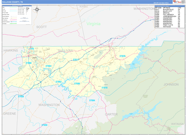 Sullivan County, TN Wall Map Basic Style