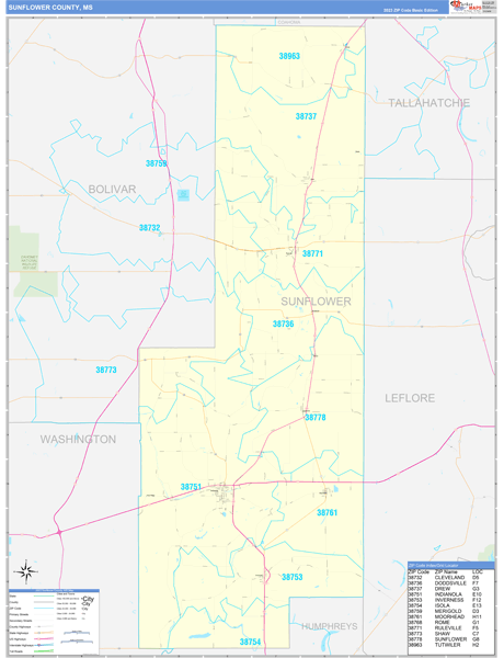 Sunflower County, MS Wall Map Basic Style