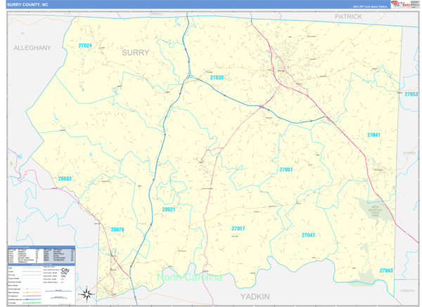 Surry County, NC Zip Code Wall Map