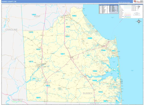 Sussex County, DE Zip Code Wall Map