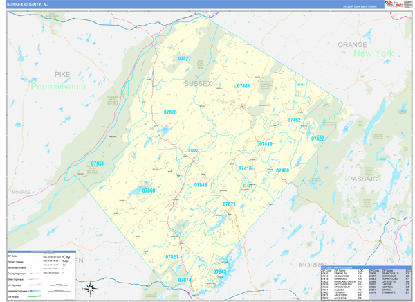 Sussex County, NJ Zip Code Wall Map