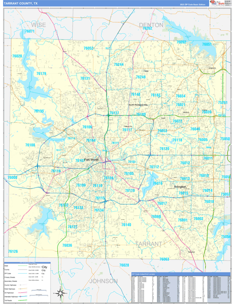 Tarrant County, TX Zip Code Wall Map Basic Style by MarketMAPS - MapSales