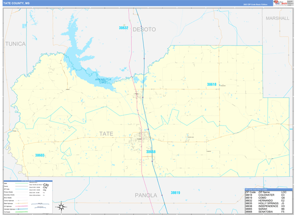 Tate County, MS Zip Code Wall Map