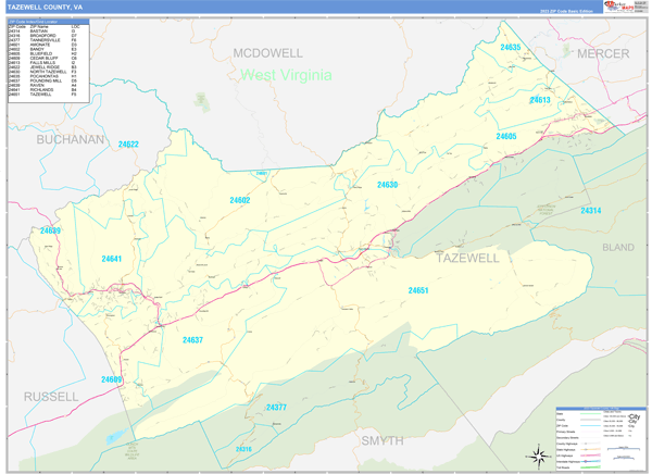Tazewell County Wall Map Basic Style