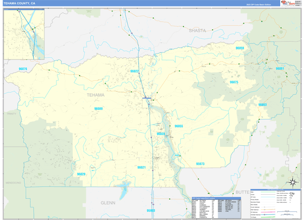 Tehama County, CA Zip Code Wall Map