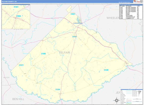 Telfair County, GA Zip Code Wall Map