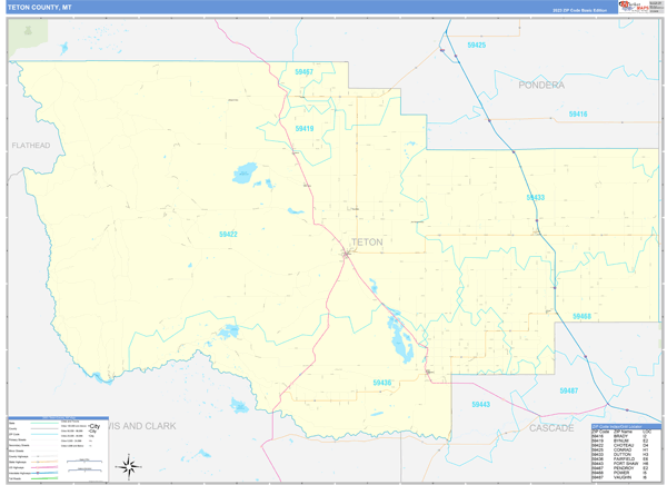 Teton County, MT Zip Code Wall Map