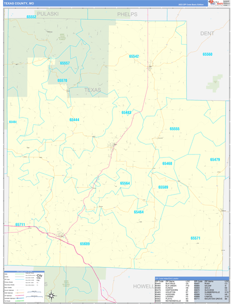 Texas County, MO Zip Code Wall Map