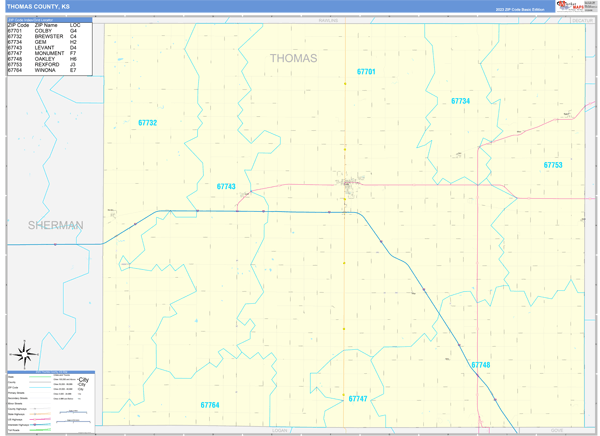 Thomas County, KS Wall Map Basic Style