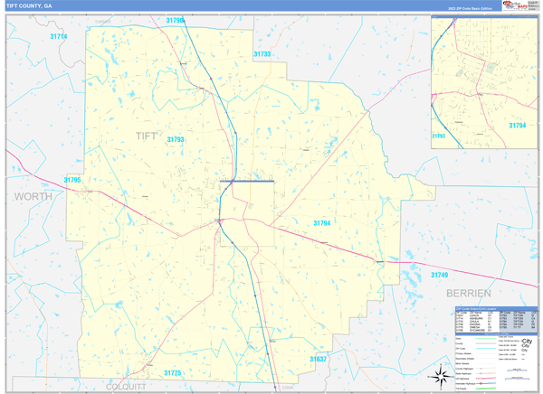 Tift County, GA Zip Code Wall Map