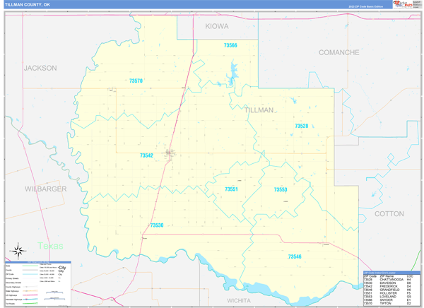 Tillman County, OK Zip Code Wall Map