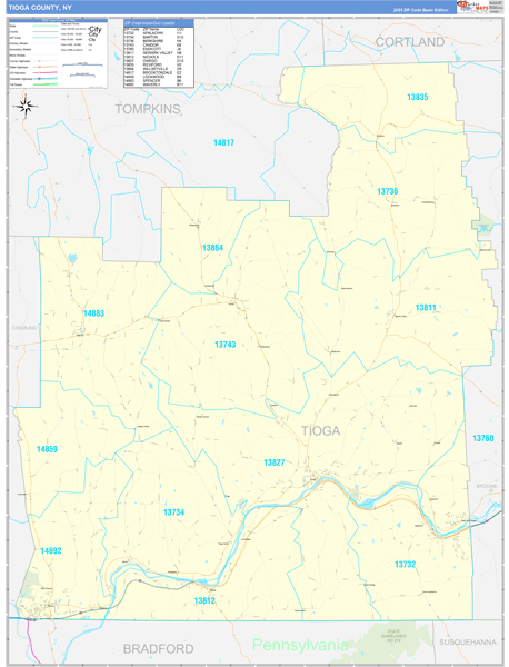 Tioga County, NY Zip Code Wall Map