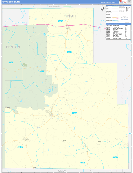 Tippah County, MS Wall Map Basic Style