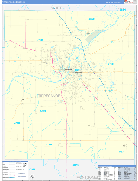 Tippecanoe County, IN Wall Map Basic Style