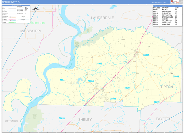 Tipton County, TN Zip Code Wall Map