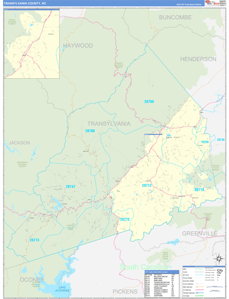 Transylvania County, NC Zip Code Wall Map