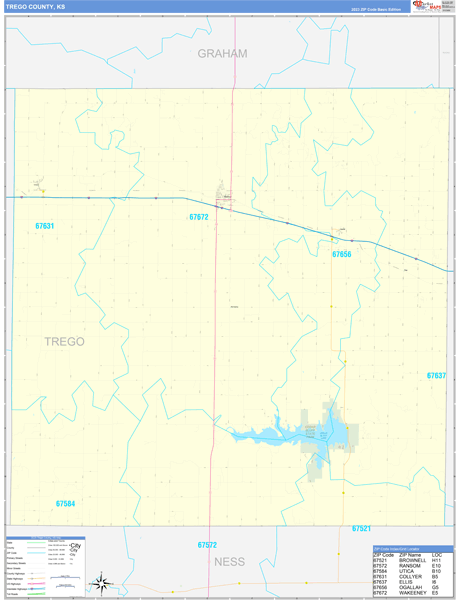 Trego County, KS Zip Code Wall Map