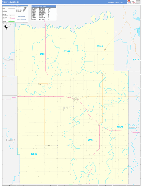 Tripp County Wall Map Basic Style