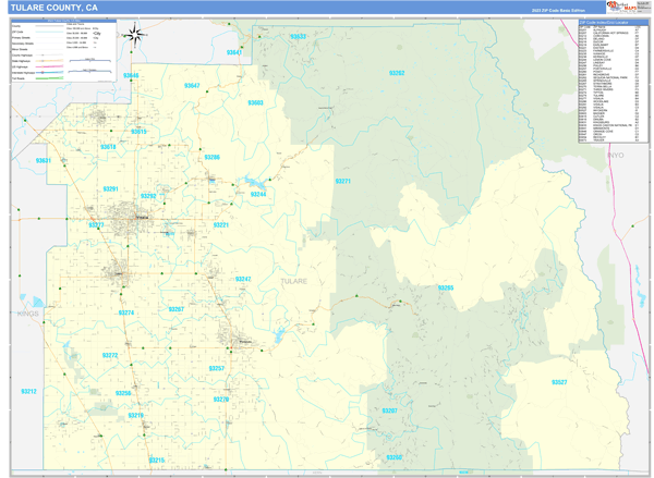 Tulare County, CA Zip Code Wall Map Basic Style by MarketMAPS - MapSales