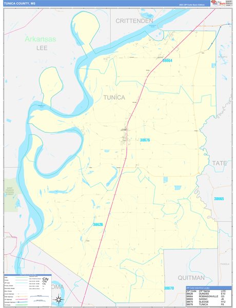 Tunica County, MS Zip Code Map